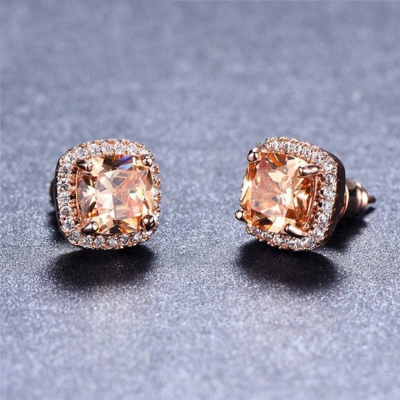 Rose Gold Princess Cut Champagne Topaz Stud Earrings - Picture 3 of 4